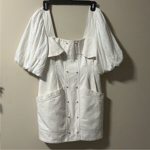 Acler White Puff Sleeve Mini Dress • Size 6 • Square Neck • Belt Missing